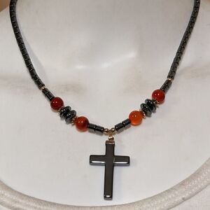 Vintage hematite cross necklace w/red beads